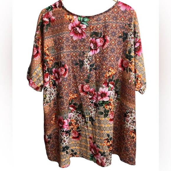 Umgee Oversized Boho Mixed Floral Print Blouse Top SZ M - Picture 3 of 5